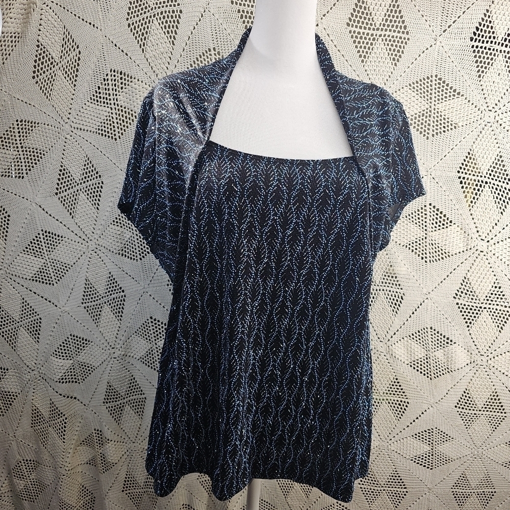 Vintage Helen Blake top shrug, blue/black shimmer sparkly short sleeve. 2X
